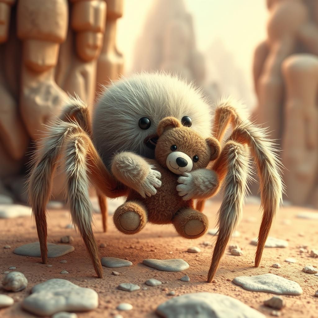 Cuddley fuzzy Spider, holding a teddy bear  by @Birdie