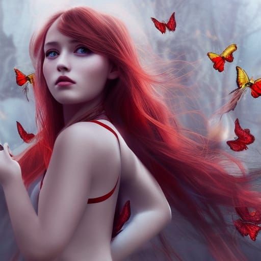 girl with blond and red long hair with red butterflies every...