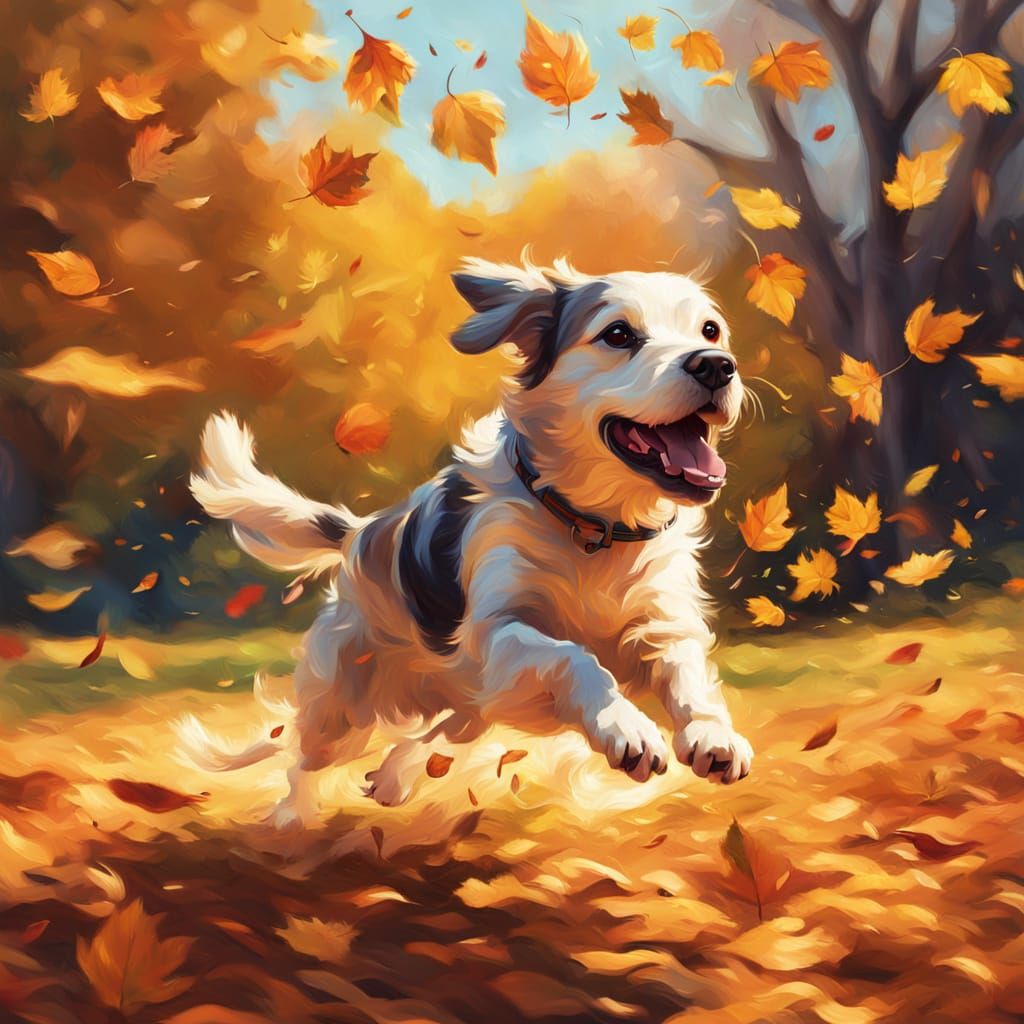 A dog hunting and jumping to catch flying leaves  by @Daffodil