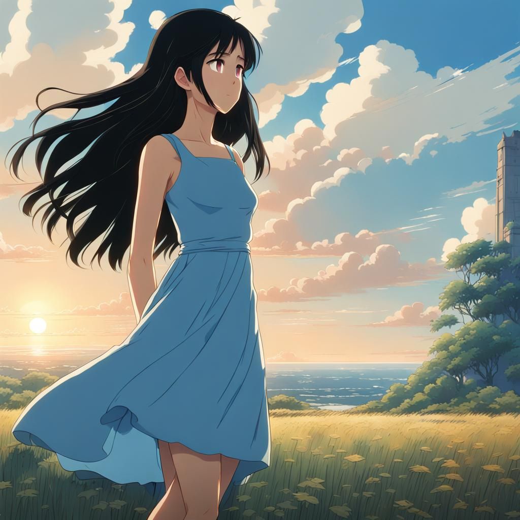 nonbinary girl, blue eyes, sky blue dress, high cut dress, padded bra, long black hair