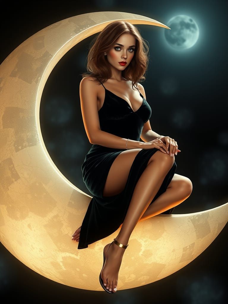 Pinup girl wearing a black velvet dress sitting on a slivery...