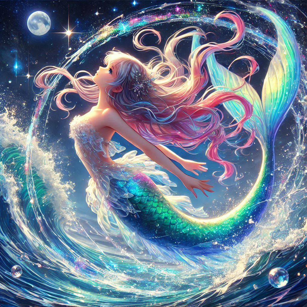 JP Anime ver. of Time freezing scene of a pretty young mermaid, jumping and backflipping from the sea 3