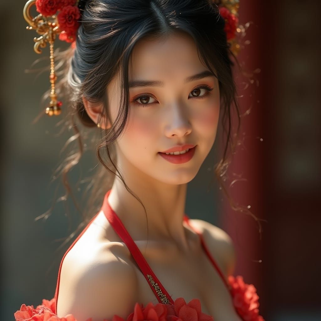 Tang Dynasty Beauty in Red Bellyband
