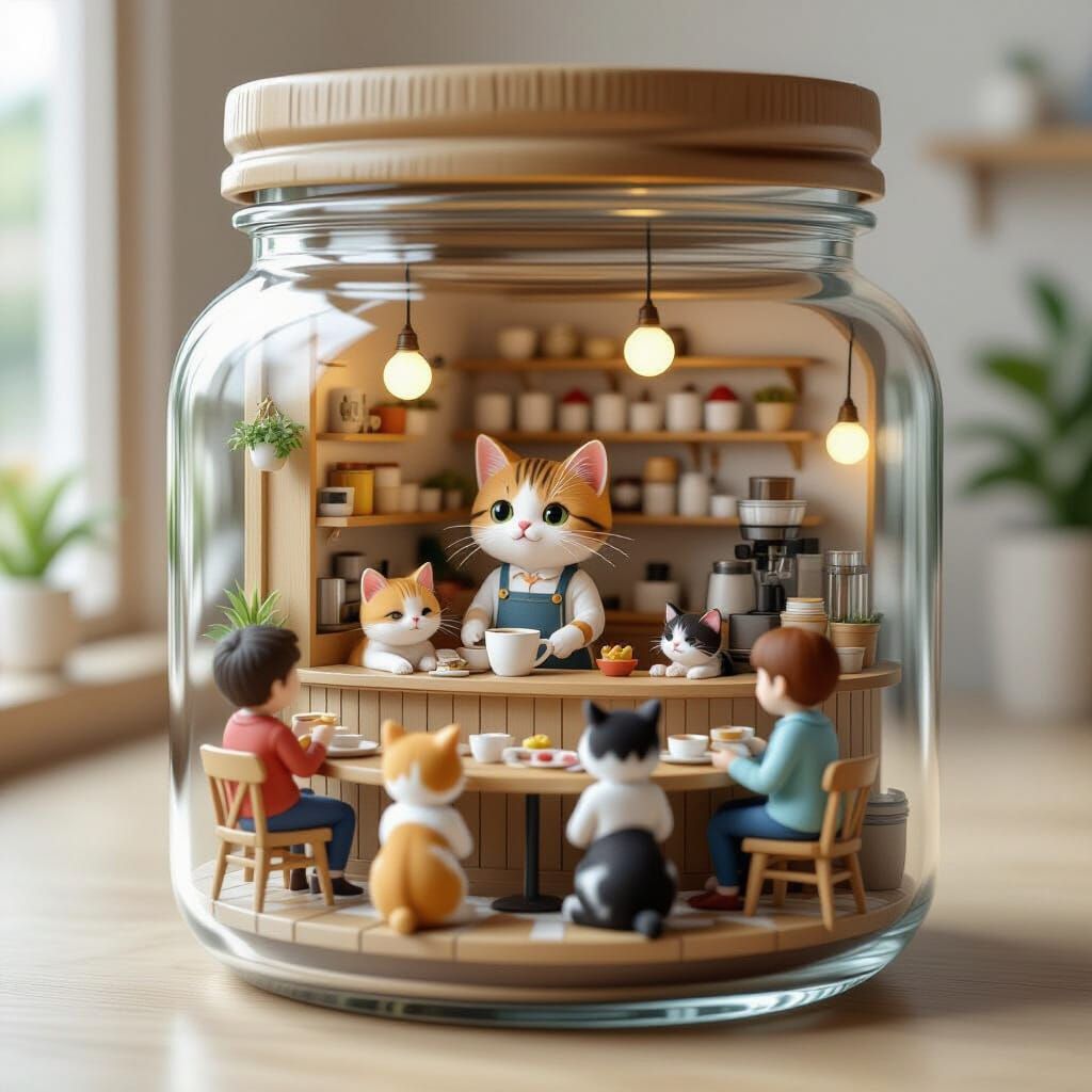 tiny cat cafe  contained in a jar. cats and kittens play, a barista stands behind a coffee counter, and ...  by @undefined