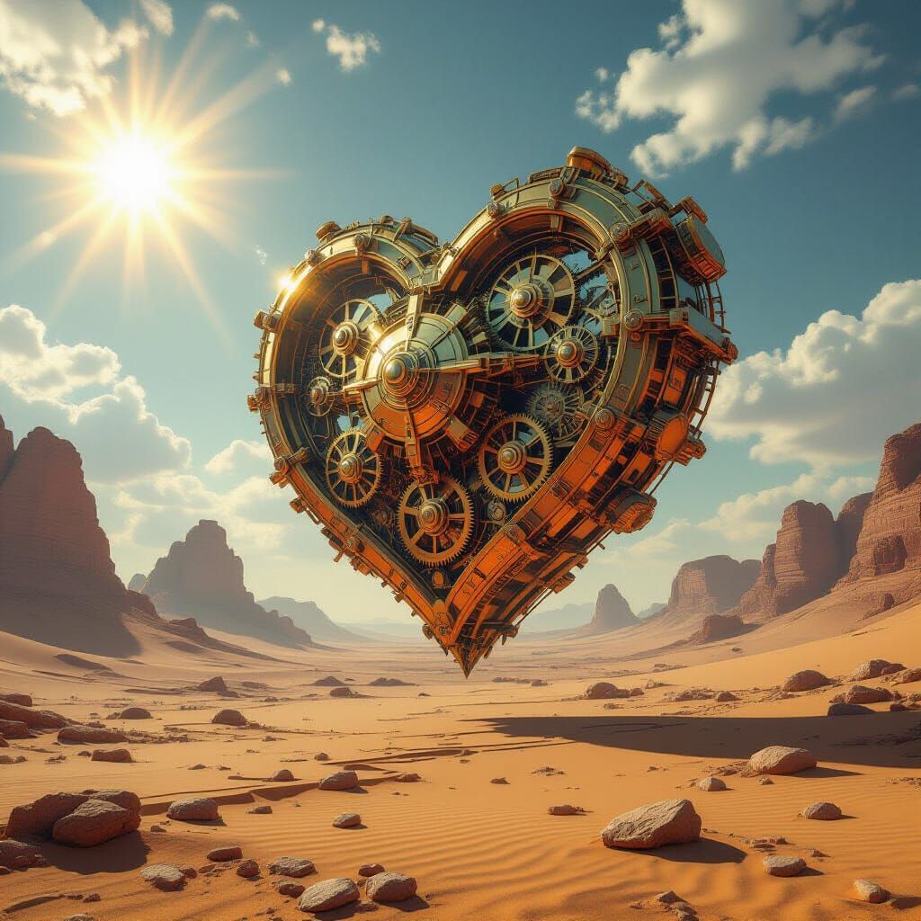 A colossal, clockwork heart made of brass and copper gears, floating serenely above a desolate, alien desert landscape. Crystalline structur...