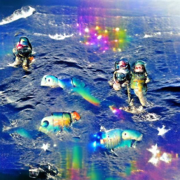 Astronauts deep in the ocean with shimmers of light and rain...