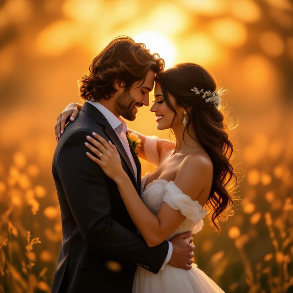 Passionate Couple Embracing in Golden Hour Light