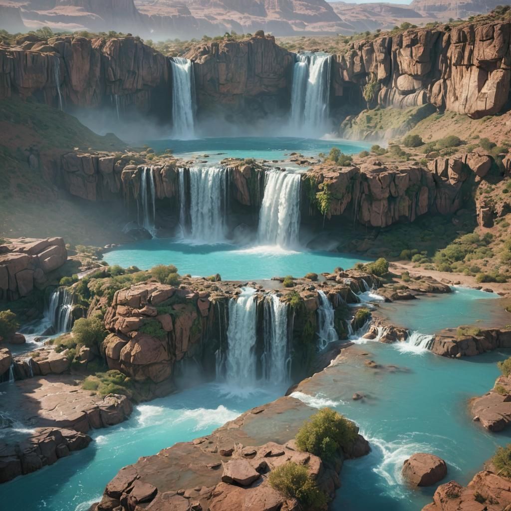 Fantasy Desert Landscape with Waterfalls