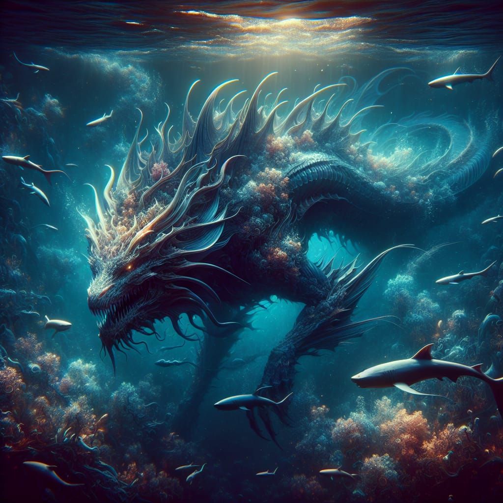 Shark, dragon hybrid swimming in sea, Epic cinematic brillia...