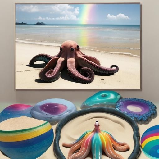 An octopus in beach near rainbow