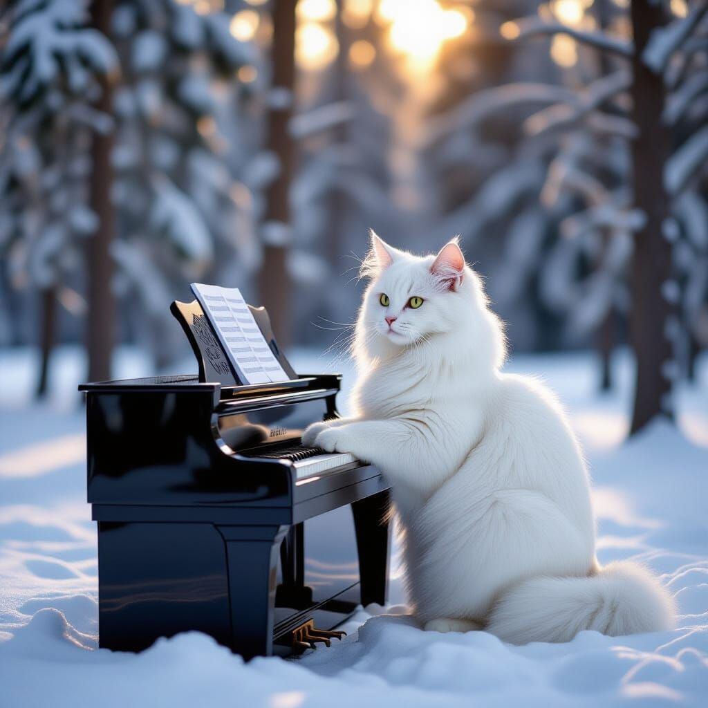 White Cat Plays Piano in Enchanted Forest of Lights