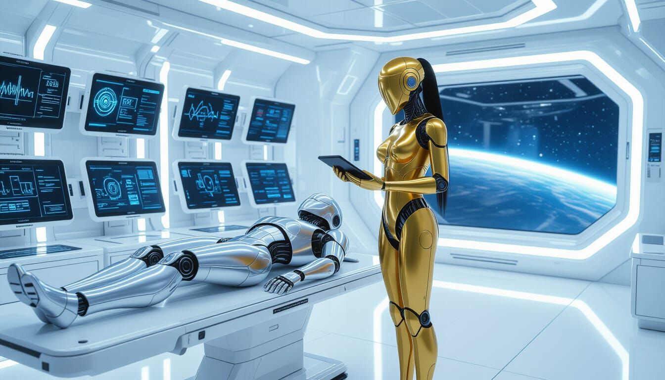 hyper realistic, 3-d, photographic. In a white-walled, white floored futuristic laboratory. A shiny golden,  female cyborg holding  a diagno...