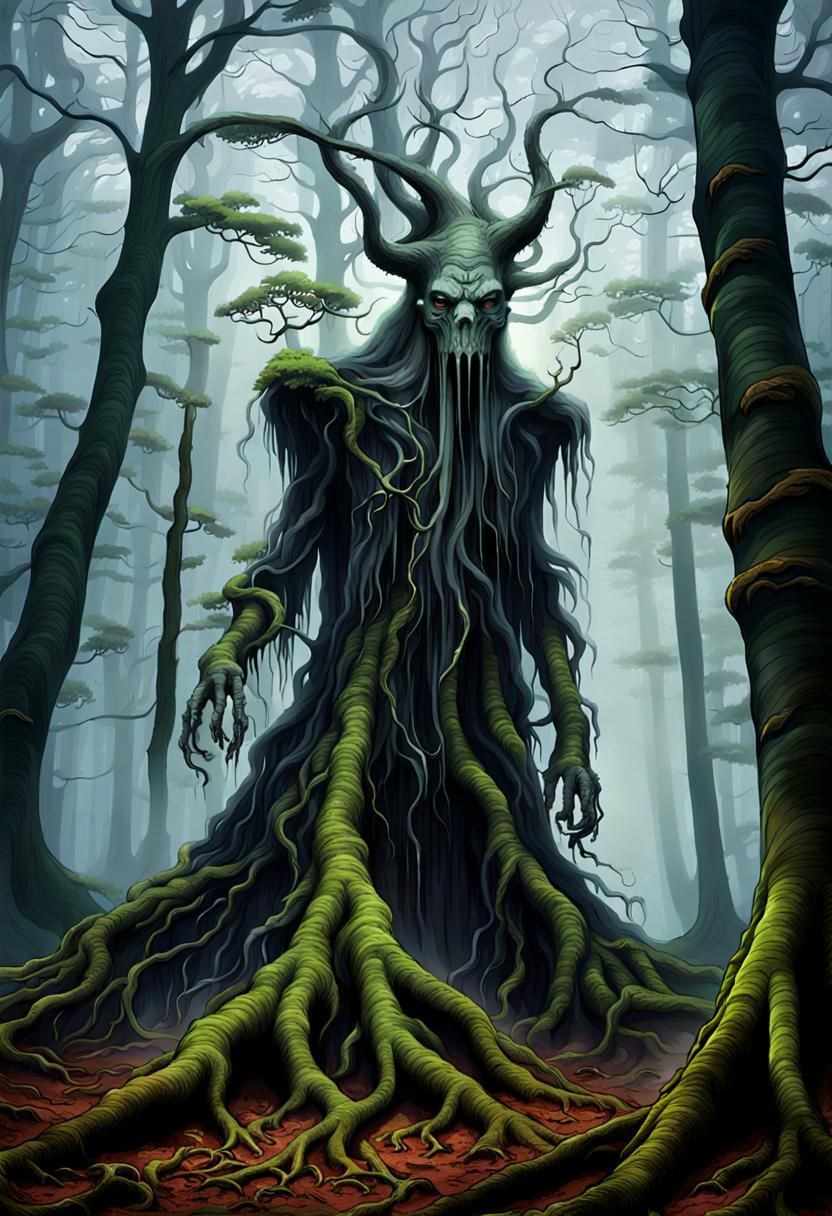 eerie forests cloaked in mist with heads of eldritch creatur...