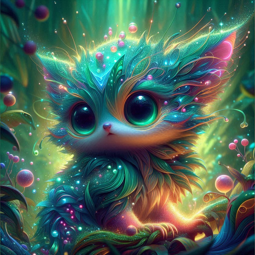 A mystical critter creature, adorned with vibrant iridescent fur, sparking with glittering dew, set amidst a lush, whimsical forest, reminis...