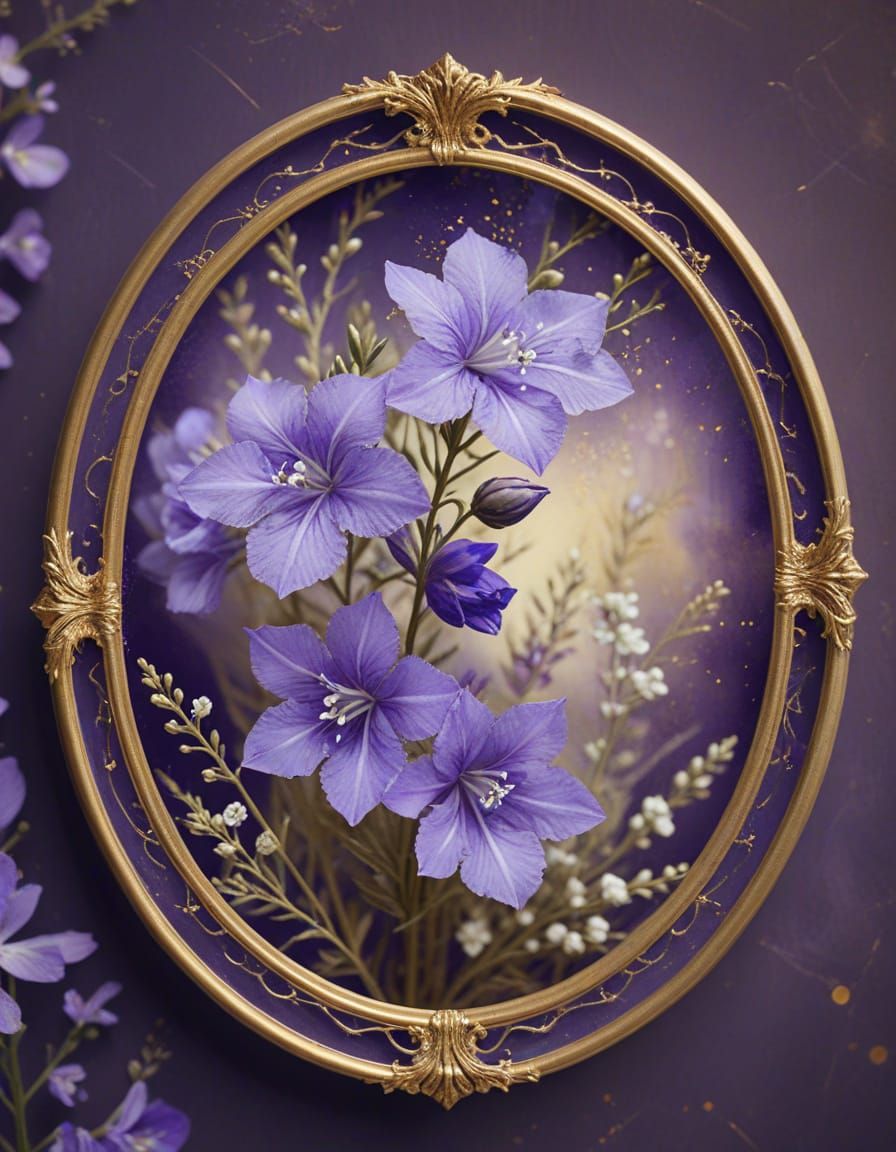 oval small image, purple Larkspur flowers and baby's breath, oval gold frame Gold, dreamcore, baroque