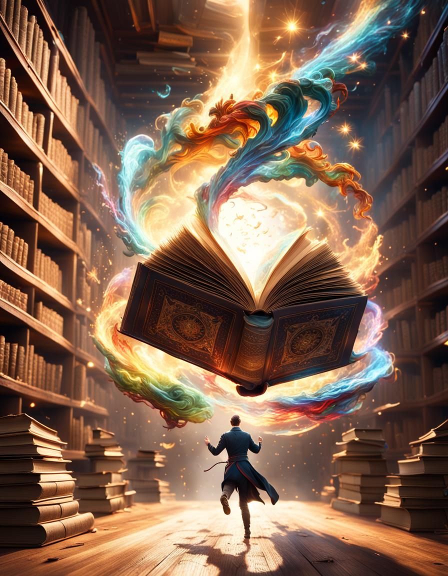 Swirling colorful magic leaping out of the pages of an open ...