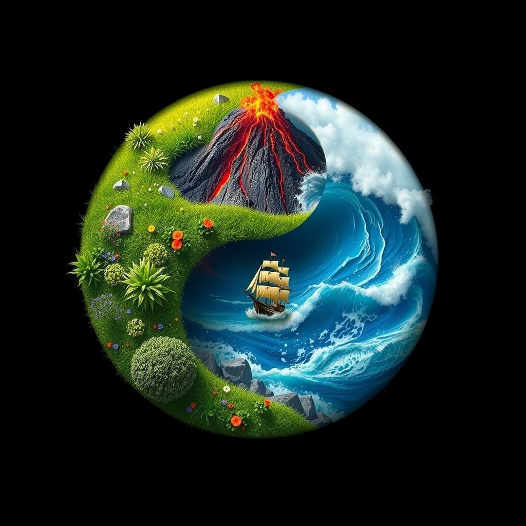 A highly detailed yin-yang symbol made of contrasting natural elements. One half ...  by @JH Putra