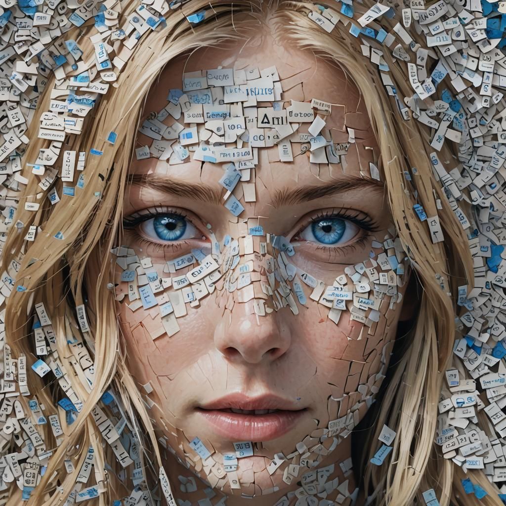 A woman's face is half covered with extremely fine structured letters(02)