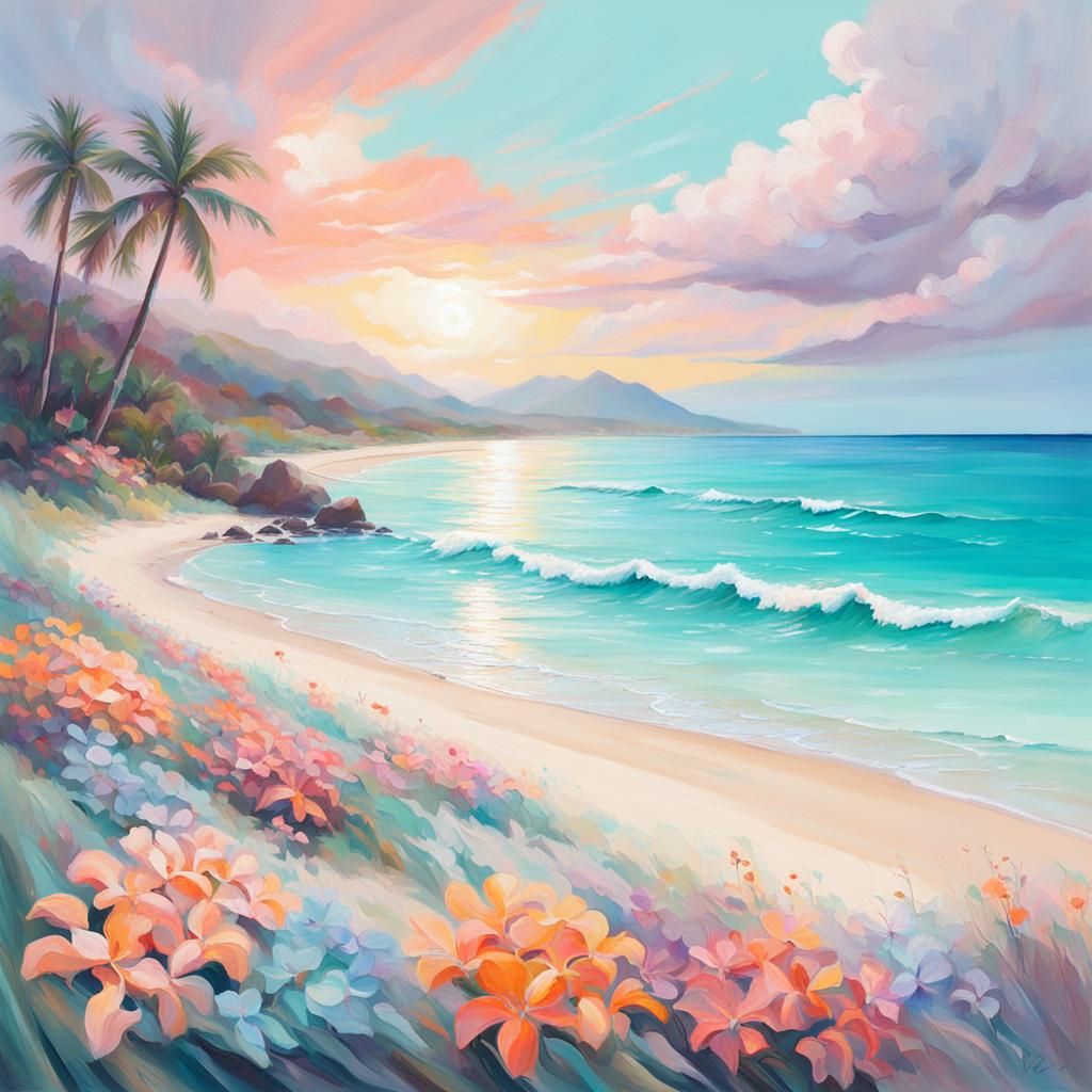 AI art piece using only pastel colors of Secluded beaches, vibrant landscapes, and exotic flowers lining ...  by @undefined