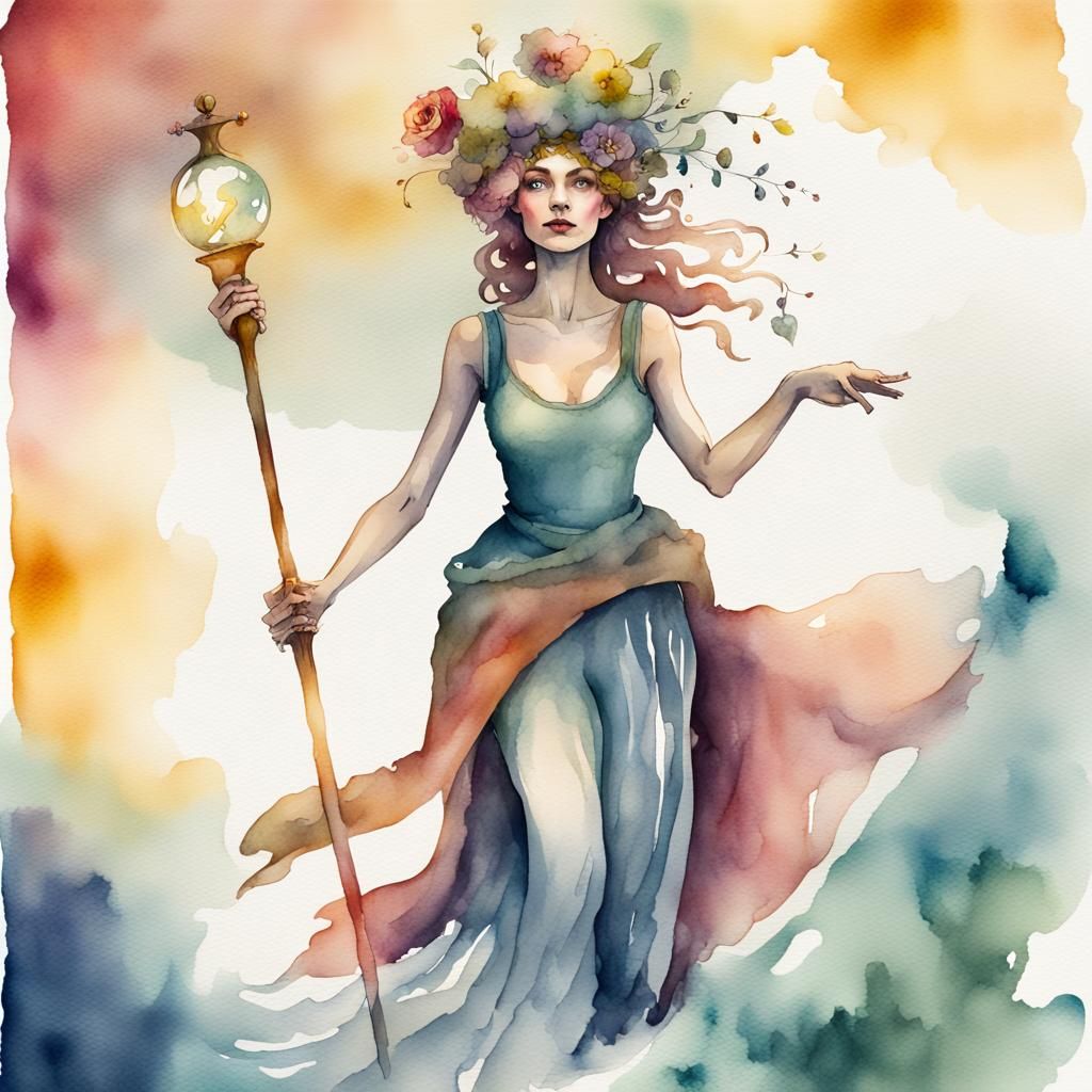 The fool tarot card as a female in a flowing brught watercol...