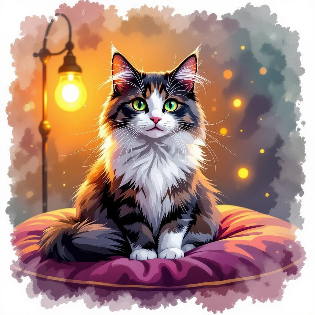 Cat on Velvet Cushion with Vibrant Watercolor Textures