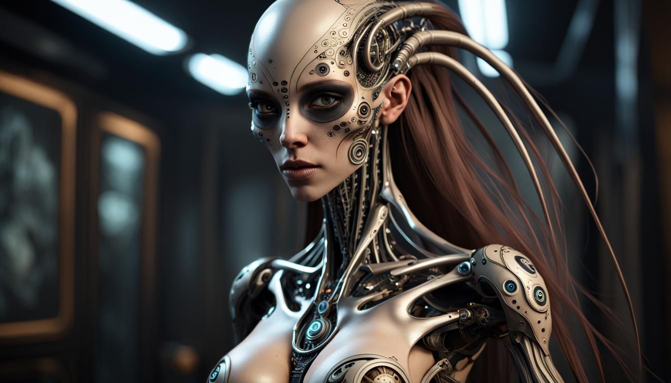 3Dultrra hyper photo realistic final render of an absolutely gorgeous female clockwork cybernetic alien, alluring eyes, ...