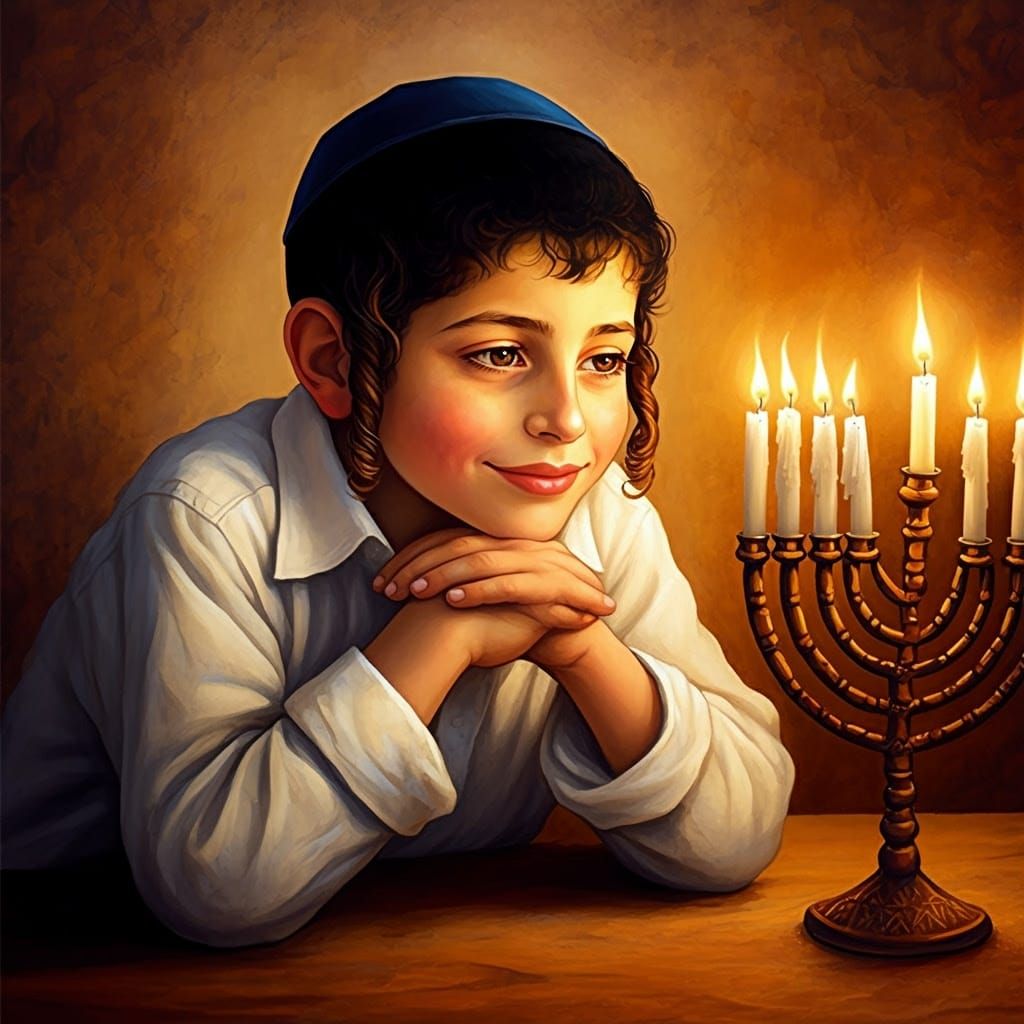 Young Boy Admiring Shabbat Candles in a Traditional Jewish H...