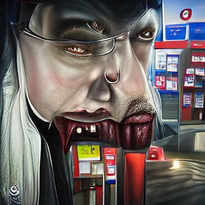 Vampire clerk at a gas station at night hyperrealism polishe...