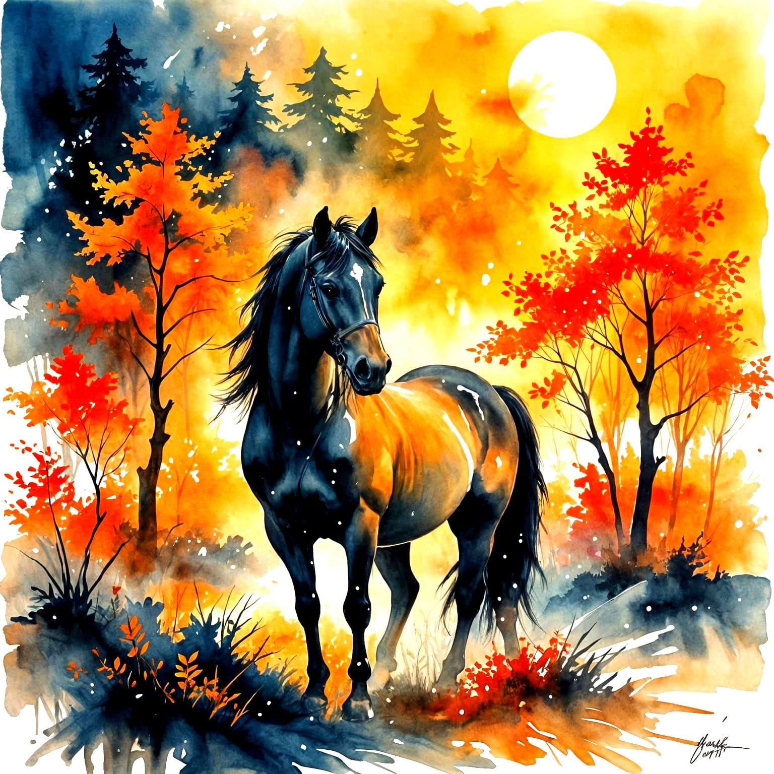 Knightly Horse in Moonlit Snow Forest