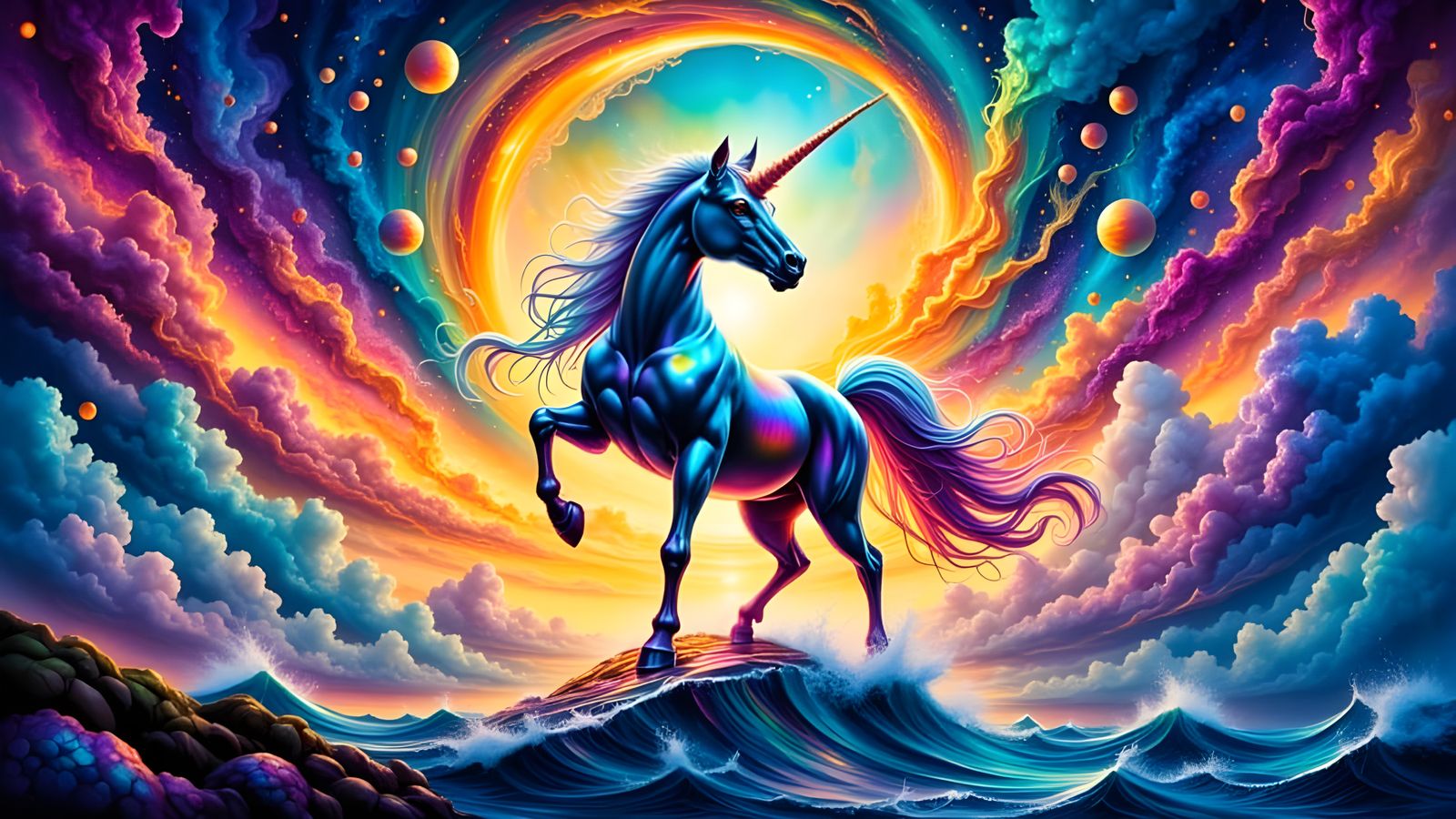 1980s airbrush art of a unicorn, the sky around it unfurls in a swirling, psychedelic vortex of colors, a kaleidoscopic blend of cerulean bl...