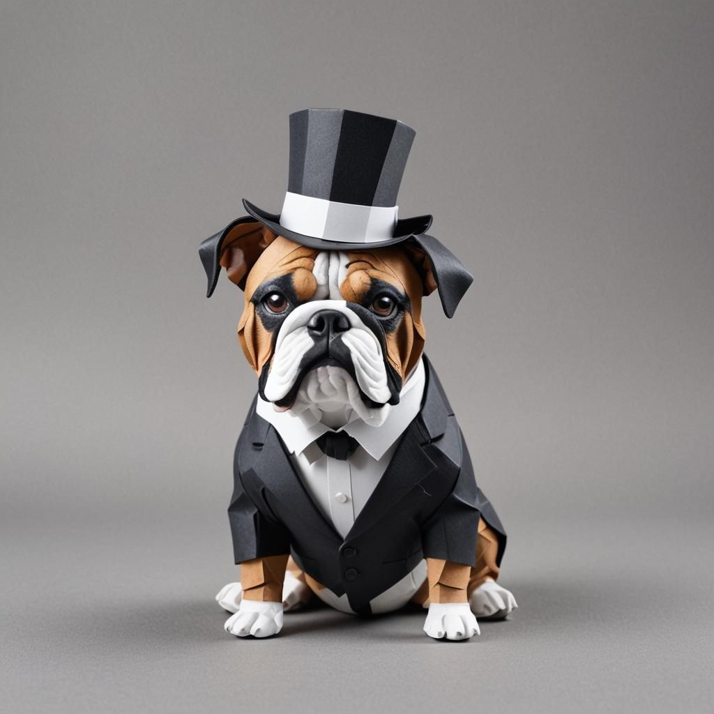 A black and white english bulldog with a top hat and a suit ...