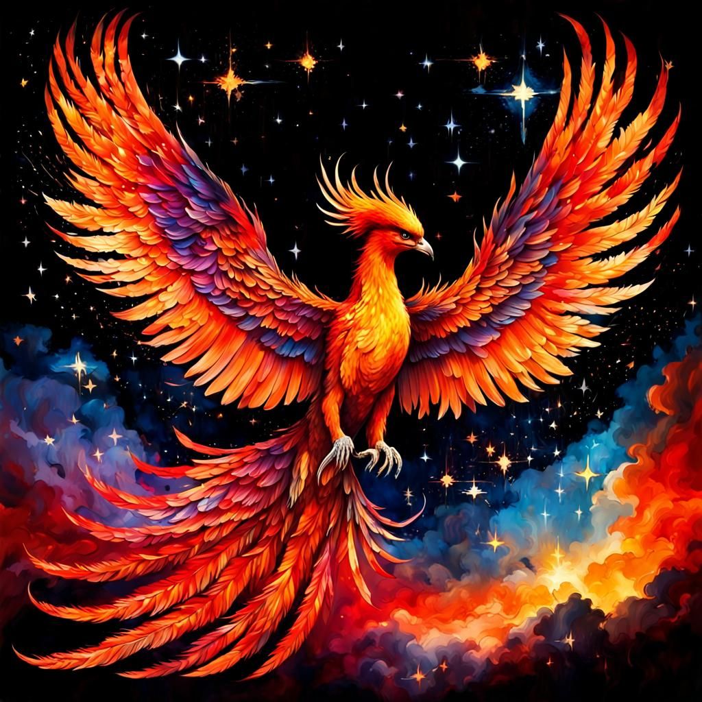 phoenix soaring amidst a celestial symphony of stars