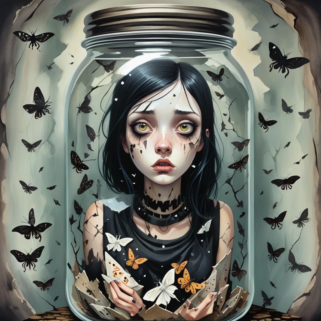 Scared girl inside a cracked old dirty jar sealed with lid surrounded ...