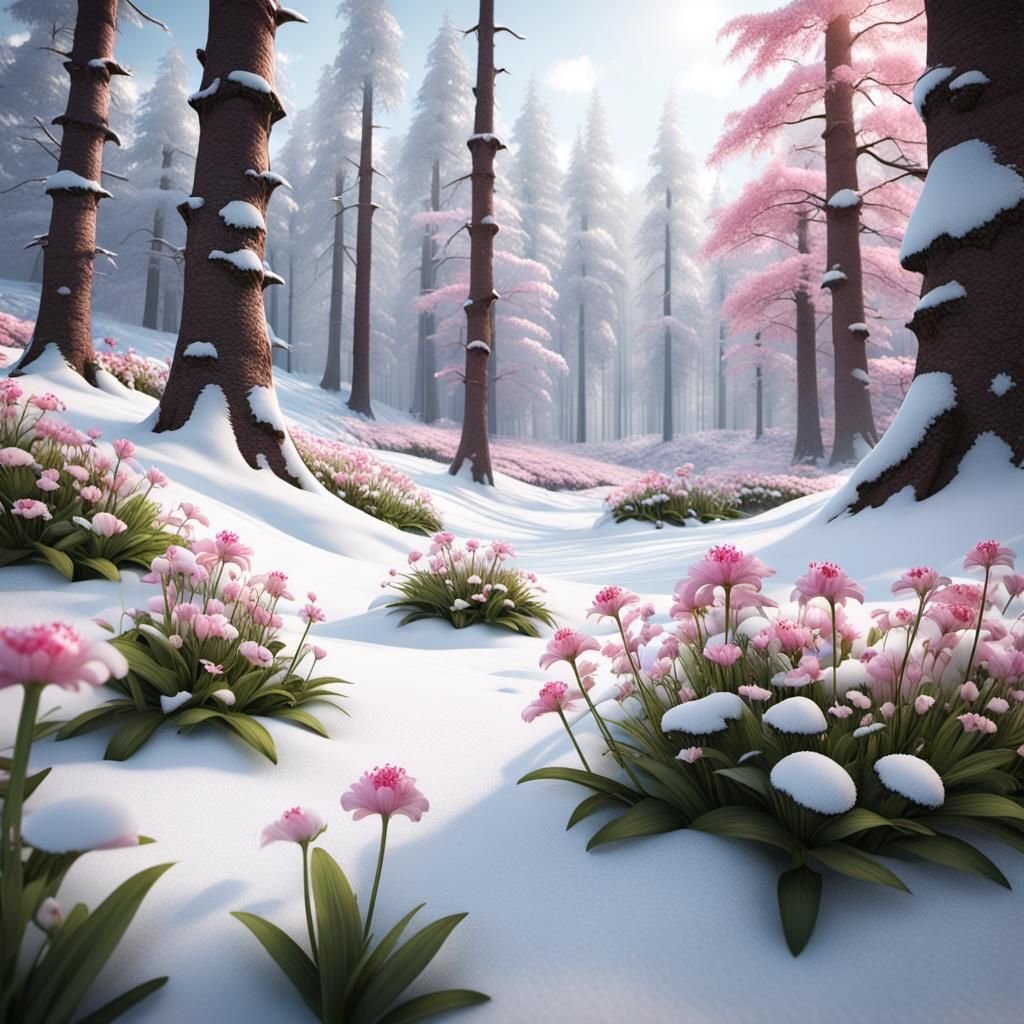 Smale white and pink flowers peaking out of a thin layer of snow in the forrest   by @ErikChieftain
