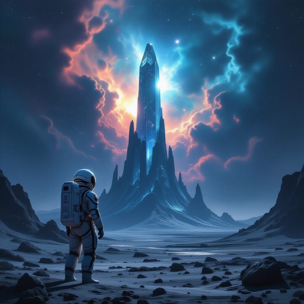 Astronaut on Alien Planet Gazing at Crystalline Structure