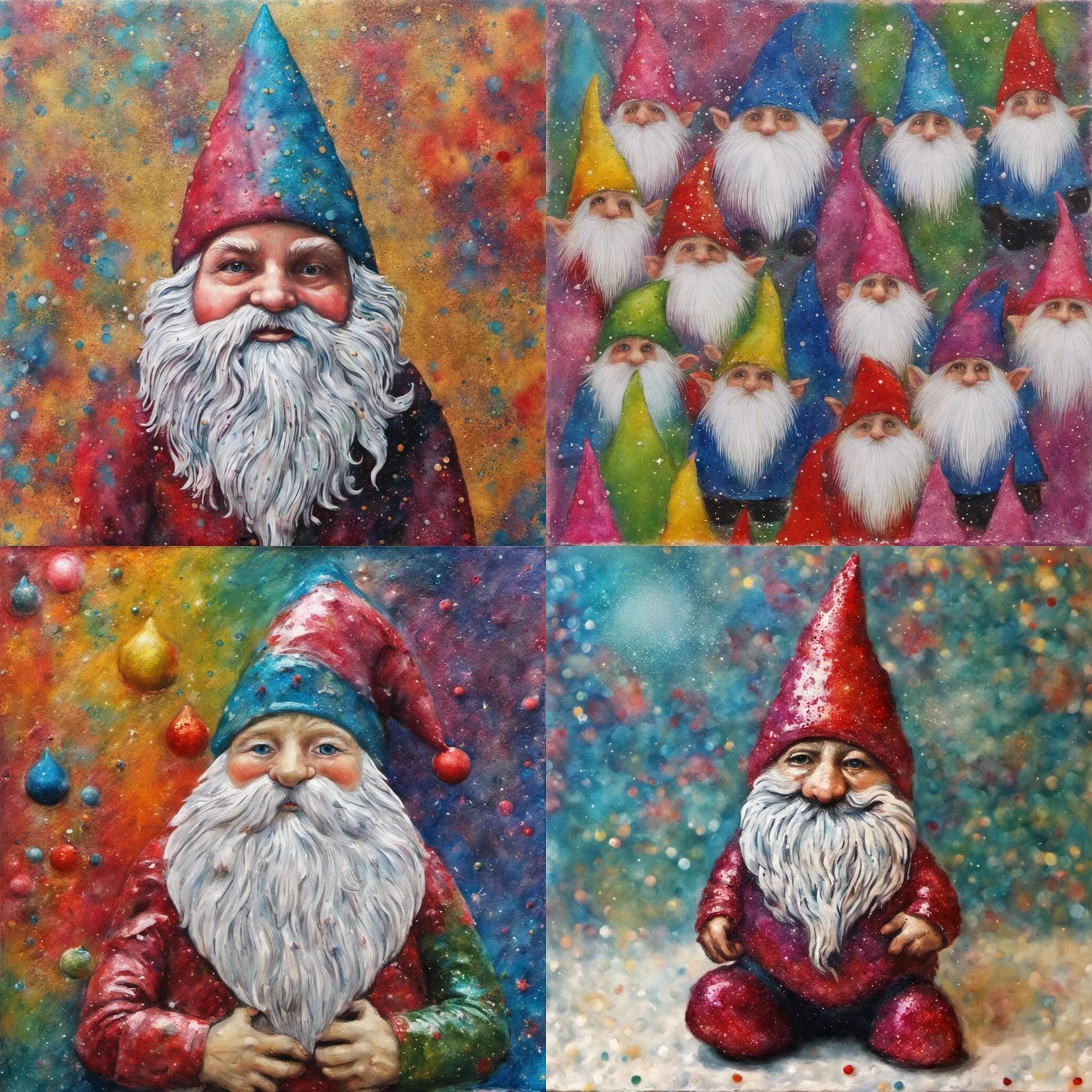 Surrealistic. Christmas Gnome. Bright Colors. Glitter. Encaustic. - Ai 