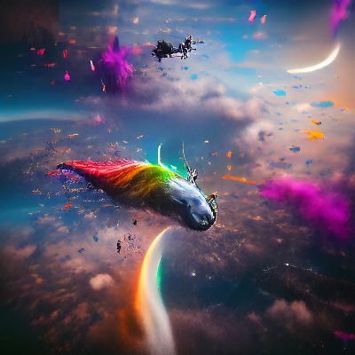 A rainbow unicorn flies across the galaxy