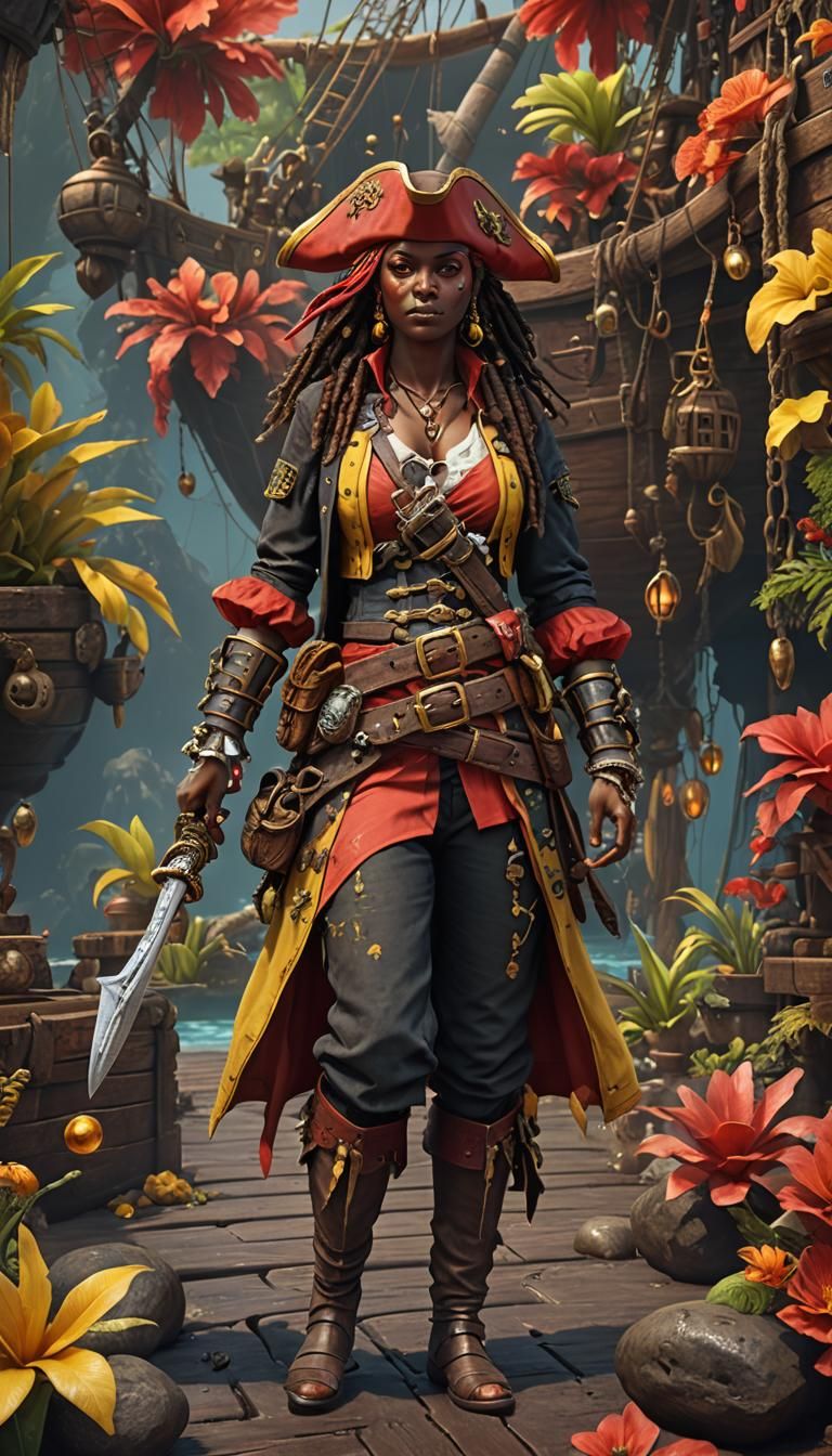 July summer female pirate wearing coral yellow and red dark ...