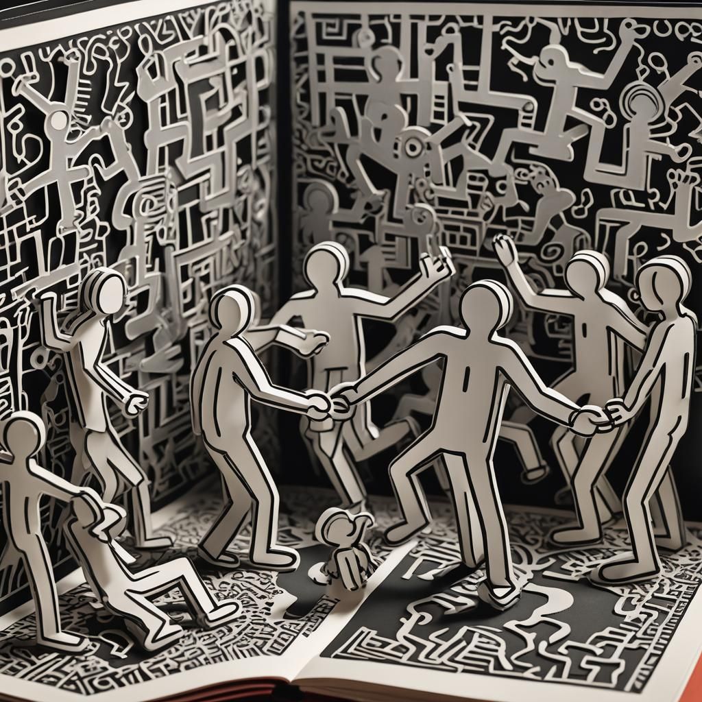 Pop up book, stylized human figures by Keith Haring