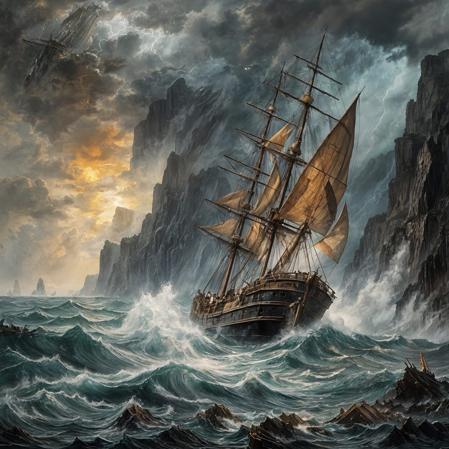 A dark, stormy night over the Island of Lost Ships — countless wrecked wooden sailing ships lie broken ...  by @Likvi