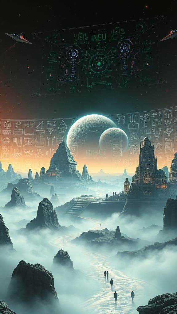 holographic 
interfaces, volumetric schemes, 
alien landscape
on a huge screen
hieroglyphs, runes on the screen, starships, planets, galaxie...