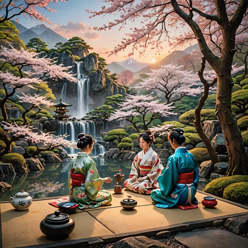 A peaceful tea ceremony in a Japanese garden with two individuals in traditional kimonos. The scene blends realism with fantasy, as cherry b...