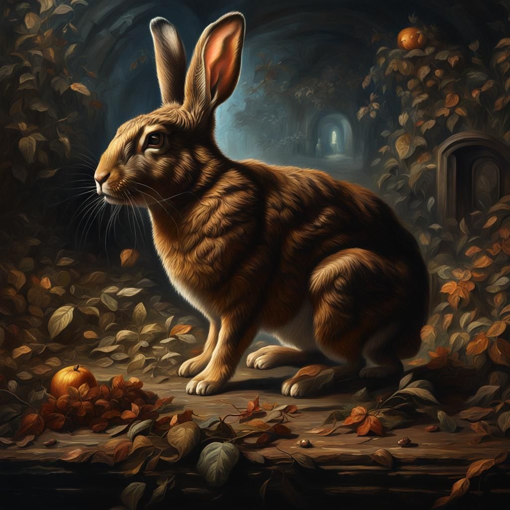 Brown  rabbit  in 1800 century oil painting and a black back...