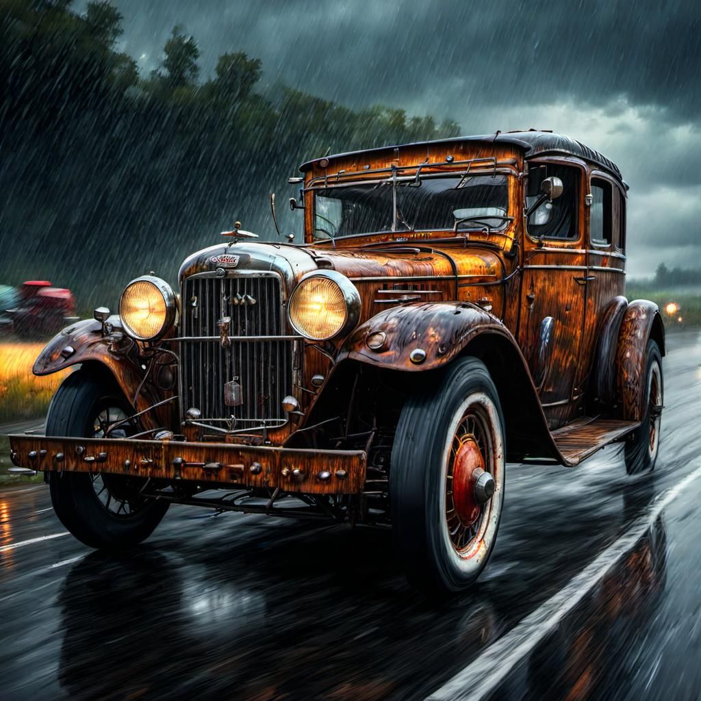 beat up rusty jalopy cruising down the road