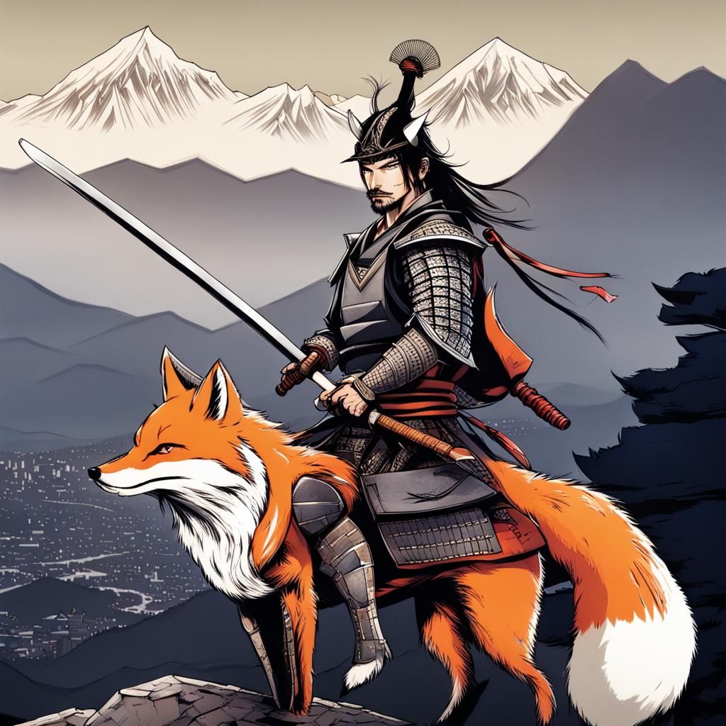 samurai and Fox with one knight. mountains in background wit...