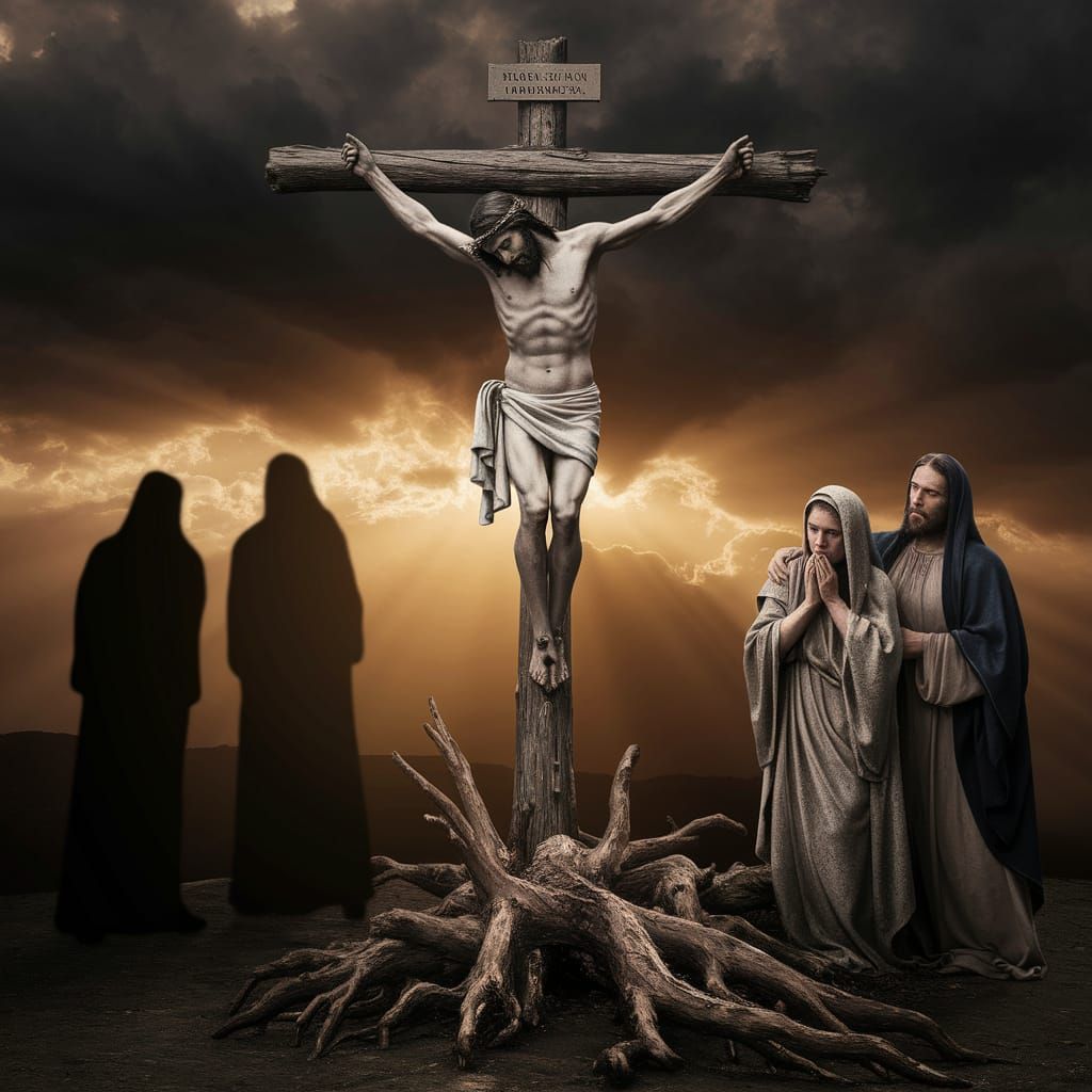 Jesus crucified to the rugged cross at Golgotha as Mary (accompanied by disciple John) mourned deeply   by @Hummingbee