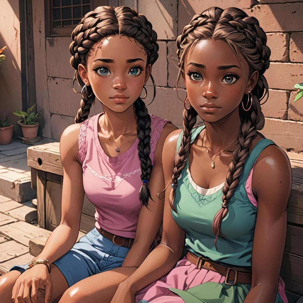 Two Girls in Anime Style, Cel-Shaded