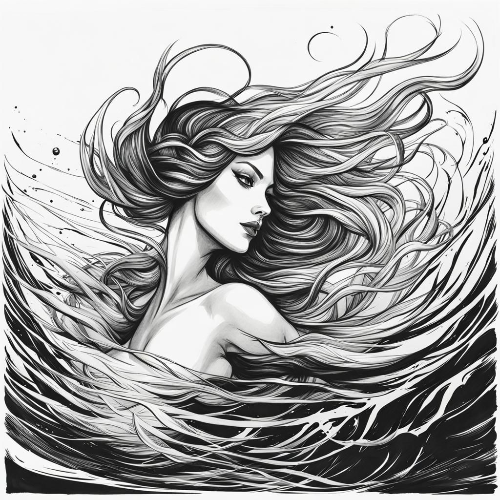 Swimming siren black and white sketch