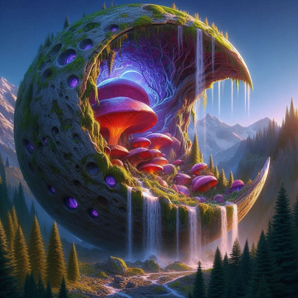 Moon in a valley with gaint mushrooms inside
