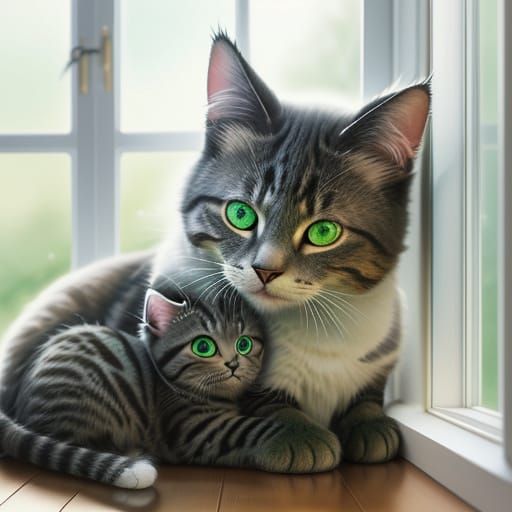 Low-Poly Cat and Kitten in Sunlight